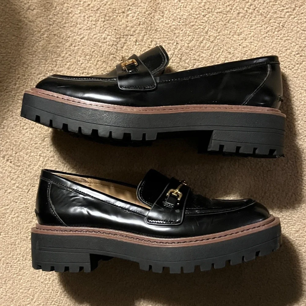 Sam Edelman Chunky Black Loafers with Gold Buckle - Picture 3 of 5